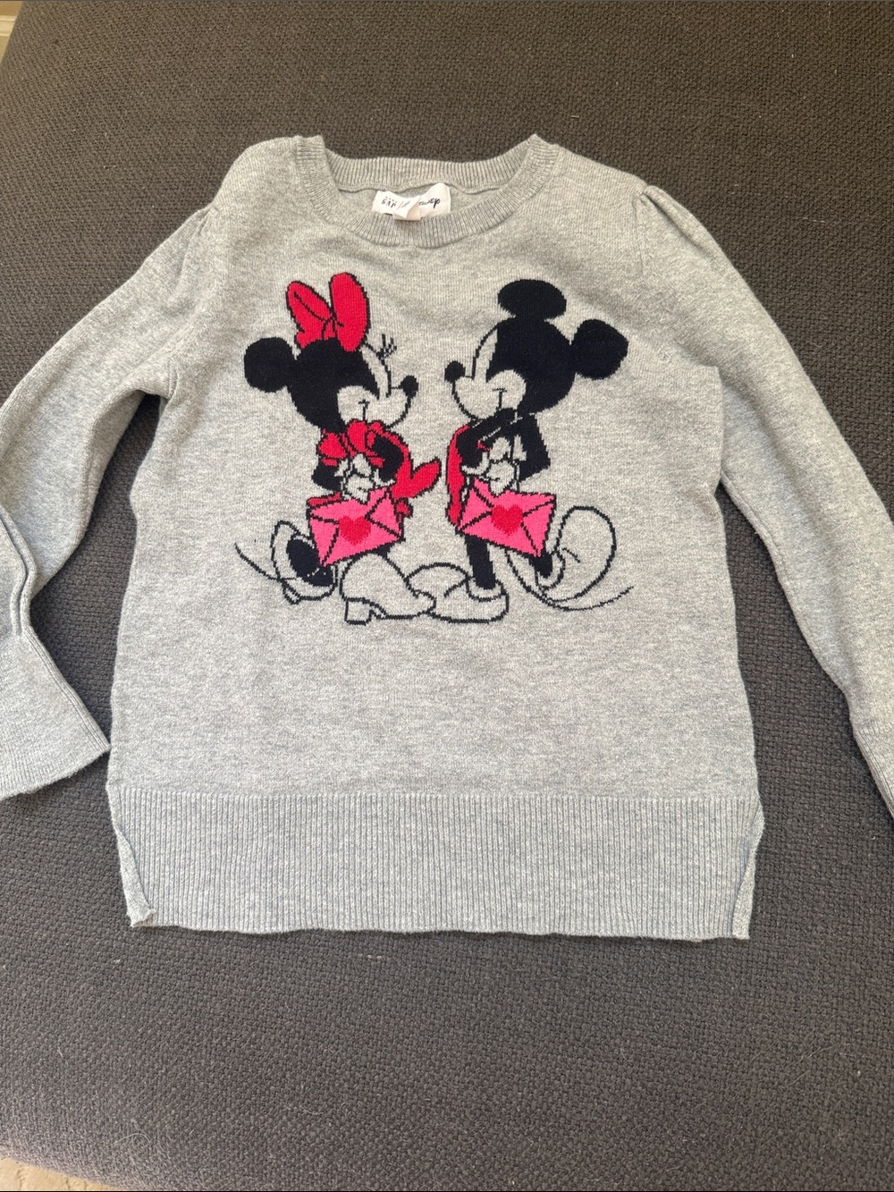 GAP Girls Gray Sweater with Pink Minnie & Mickey Envelope Graphic